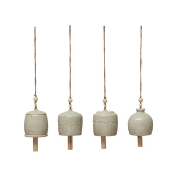 Stoneware Bell with Wood Beads - Cream