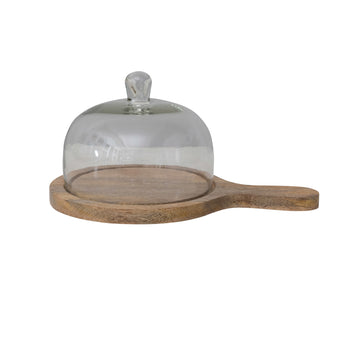 Mango Wood Serving Tray with Glass Cloche & Handle