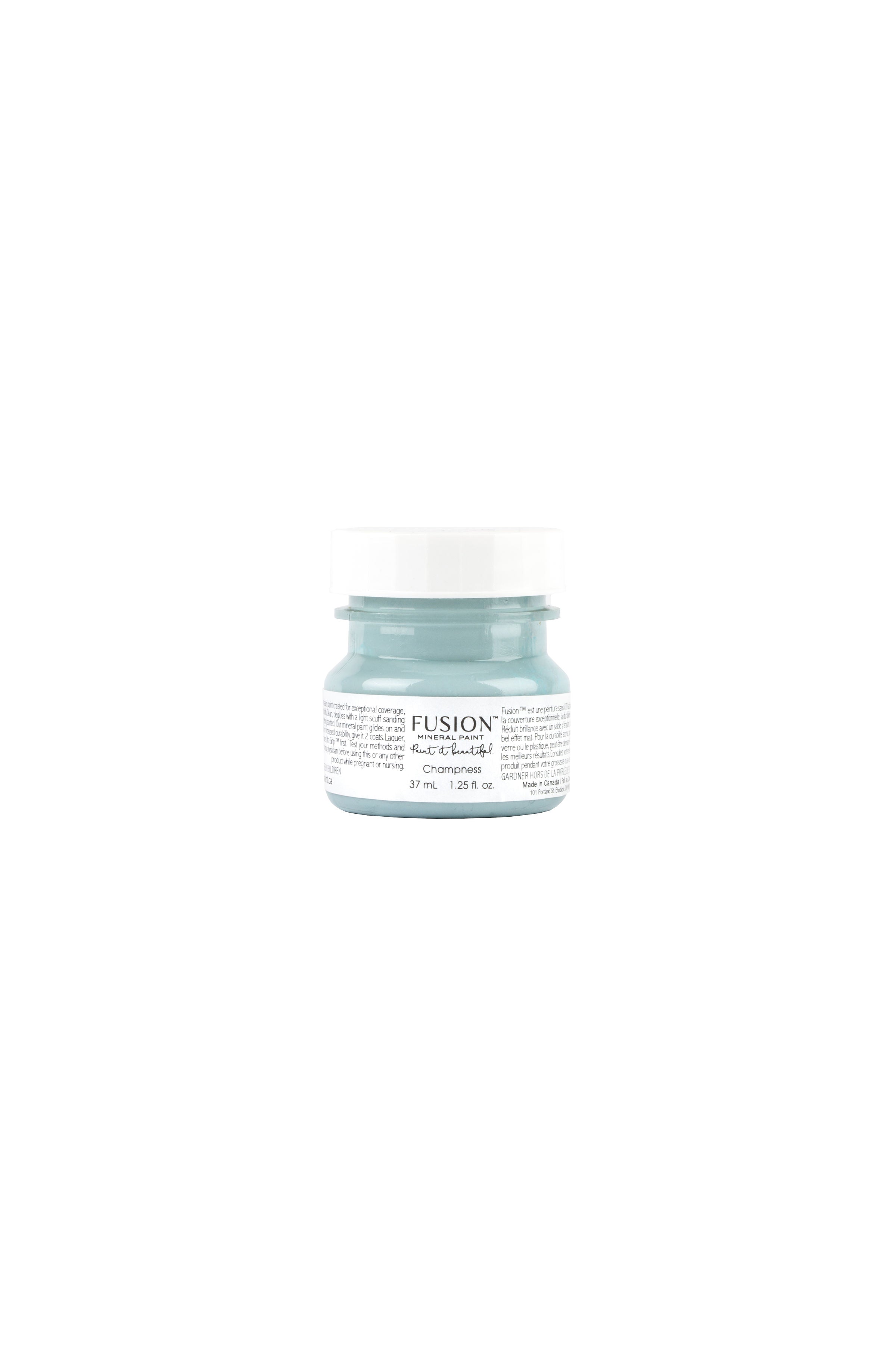 Fusion Mineral Paint tester jar in Champness, a classic crisp blue shade, 37mL.