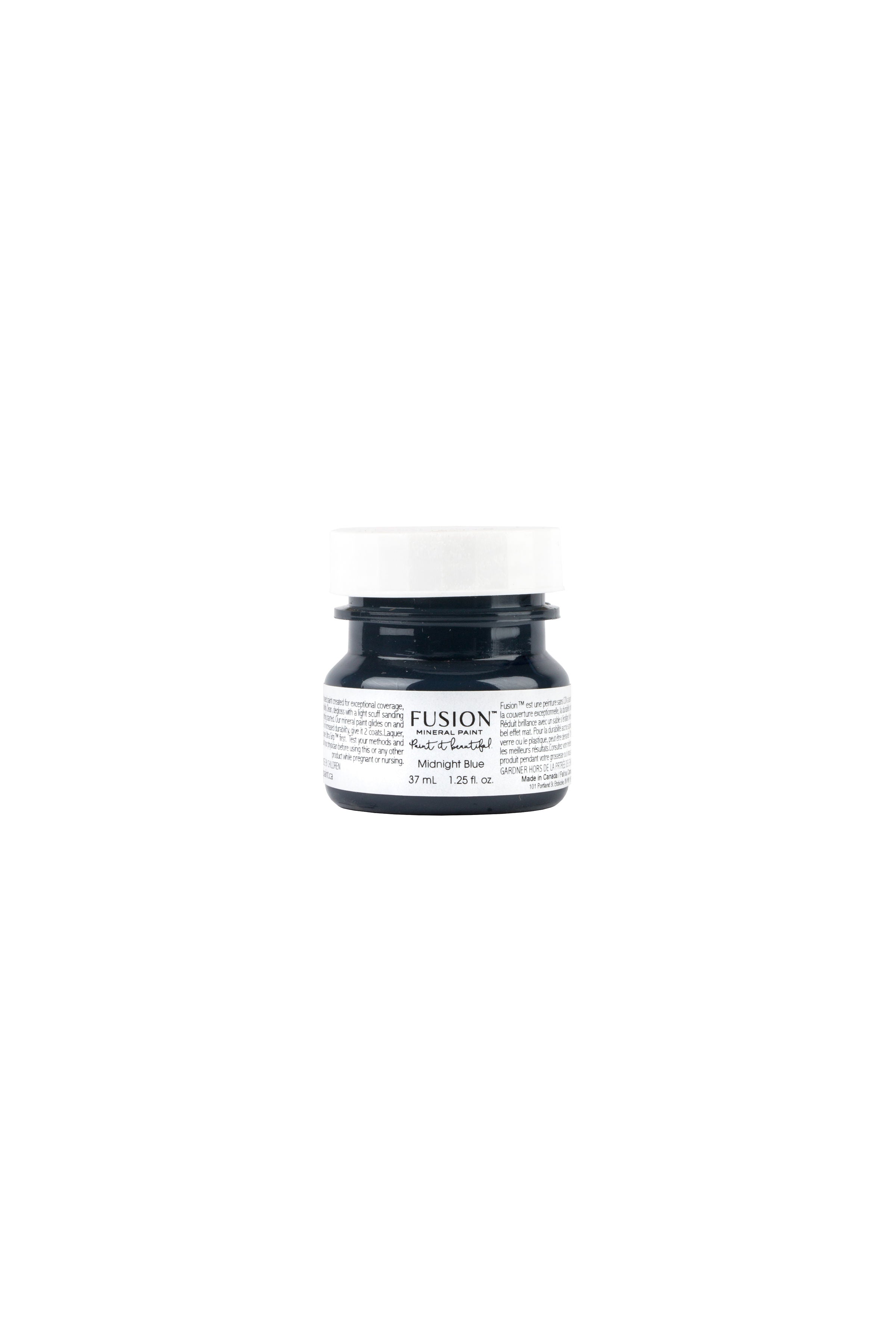 Fusion Mineral Paint tester jar in Midnight Blue, a rich dark blue shade bordering on black, 37mL.