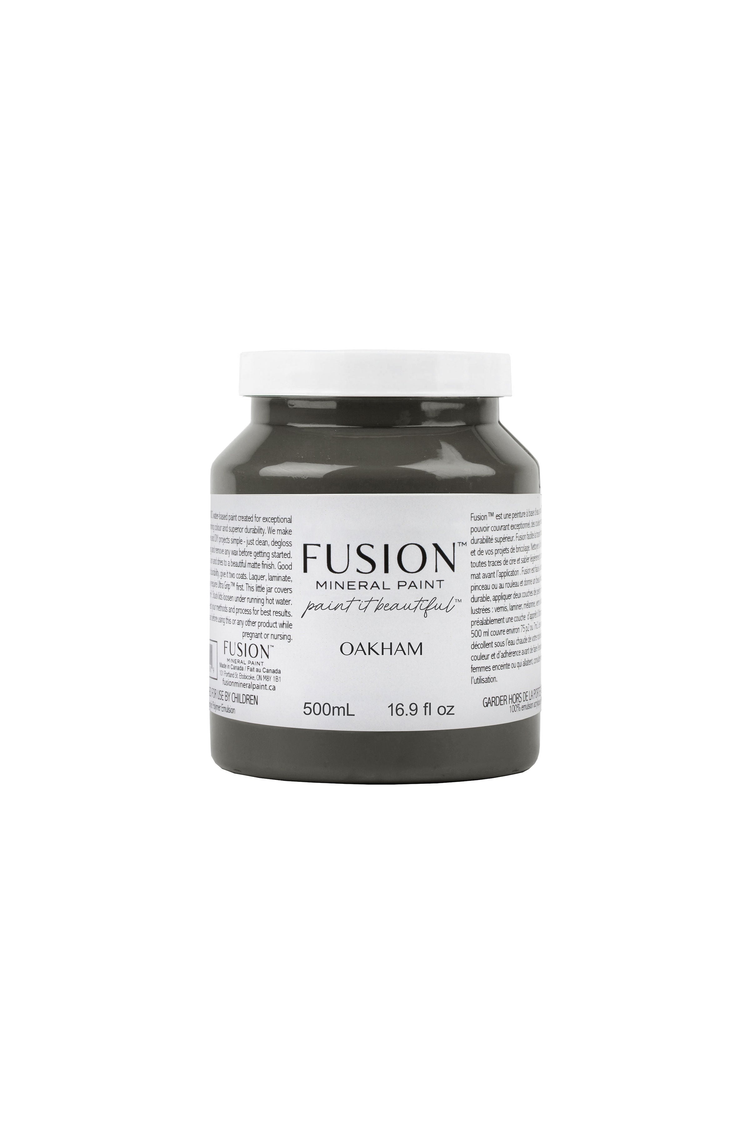 Fusion Mineral Paint Oakham, 500ml jar, dark grey neutral with warm brown and bronze undertones.