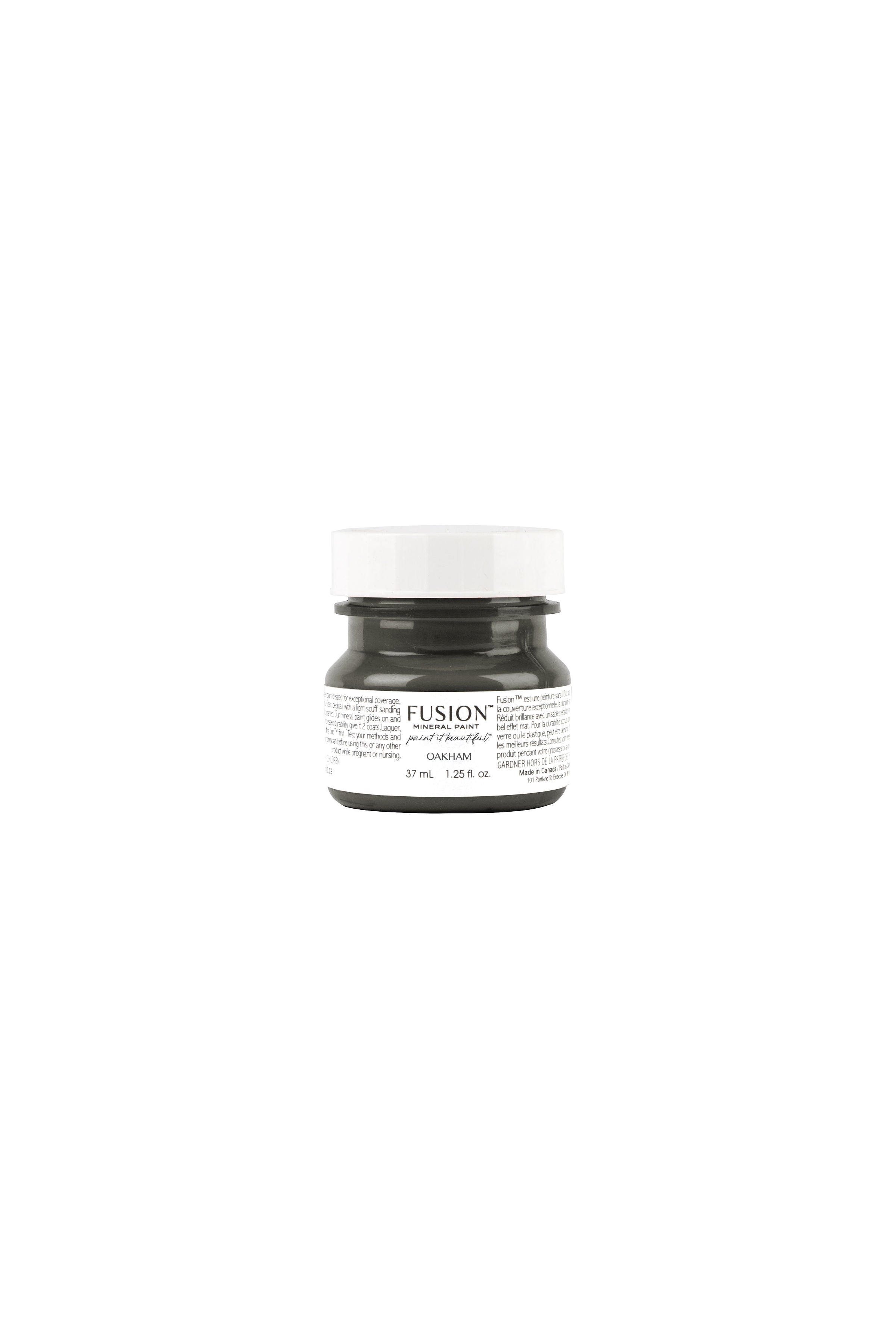 Fusion Mineral Paint Oakham, 37ml tester jar, dark grey neutral with warm brown and bronze undertones.